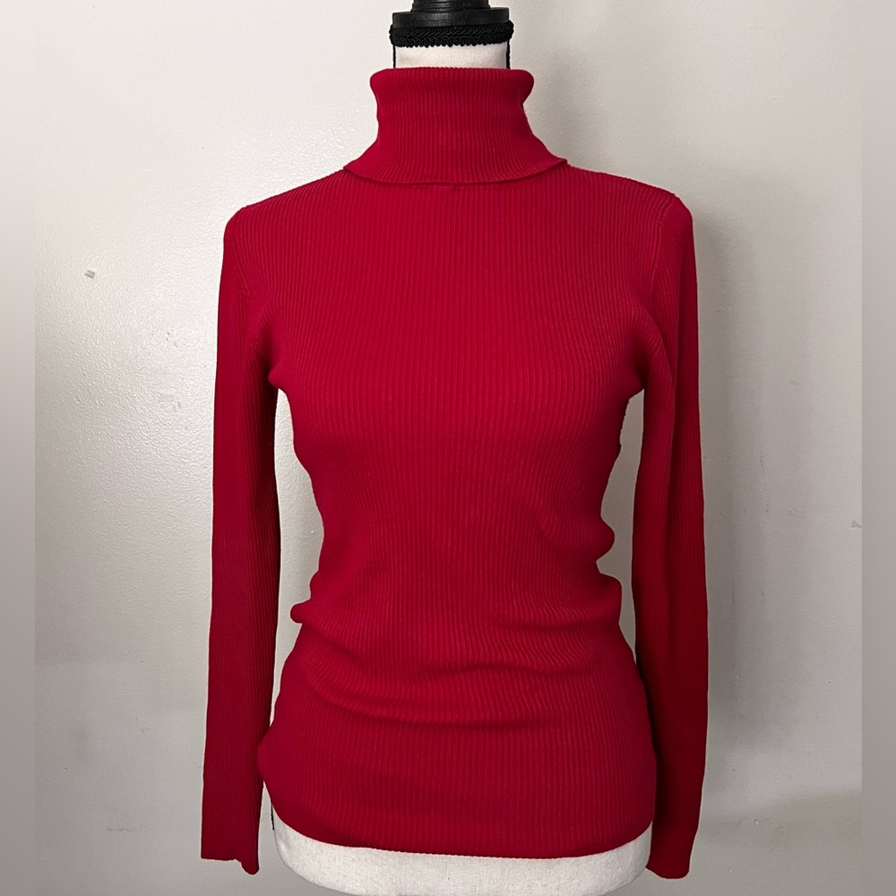 Red Turtle Neck Fitted Knit Sweater